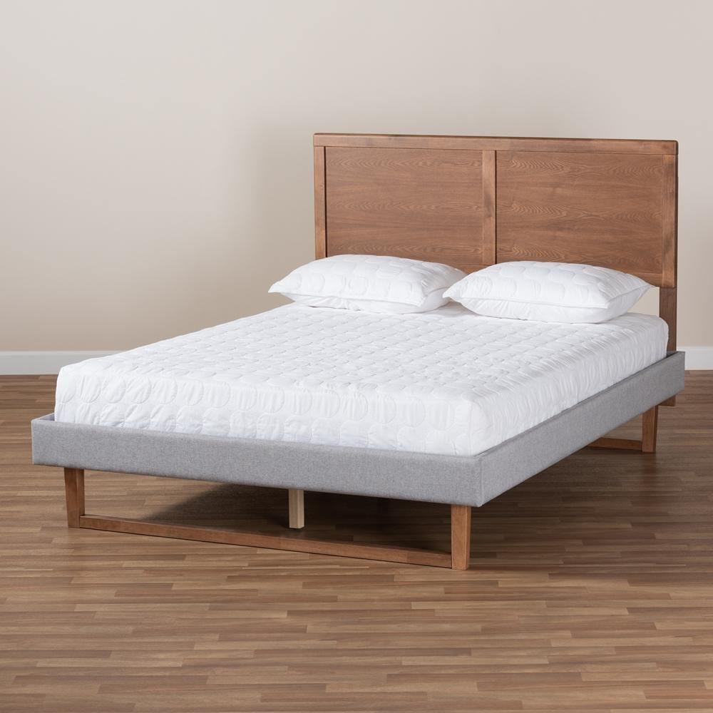 Eloise Rustic Modern Light Grey Fabric Upholstered and Ash Walnut Brown Finished Wood Full Size Platform Bed FredCo