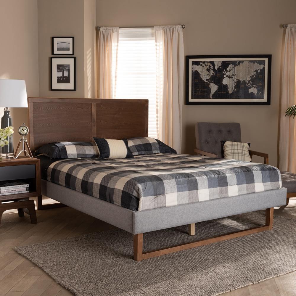 Eloise Rustic Modern Light Grey Fabric Upholstered and Ash Walnut Brown Finished Wood Full Size Platform Bed FredCo