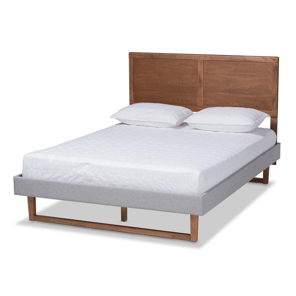 Eloise Rustic Modern Light Grey Fabric Upholstered and Ash Walnut Brown Finished Wood Queen Size Platform Bed FredCo