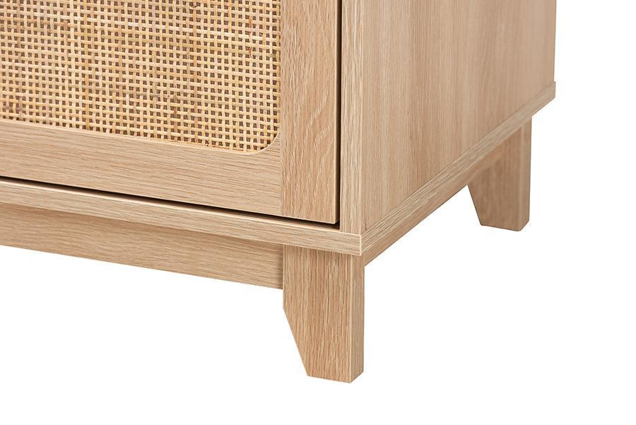 Elsbeth Mid-Century Modern Light Brown Finished Wood and Natural Rattan 1-Drawer End Table FredCo