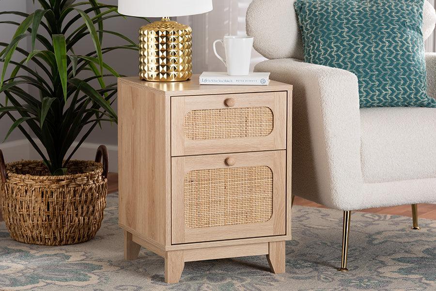 Elsbeth Mid-Century Modern Light Brown Finished Wood and Natural Rattan 1-Drawer End Table FredCo
