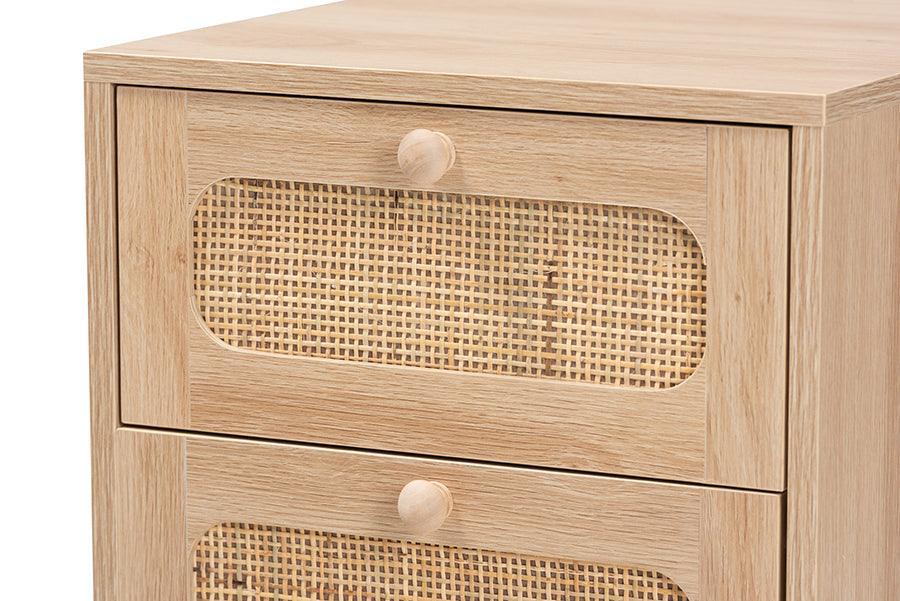Elsbeth Mid-Century Modern Light Brown Finished Wood and Natural Rattan 1-Drawer End Table FredCo