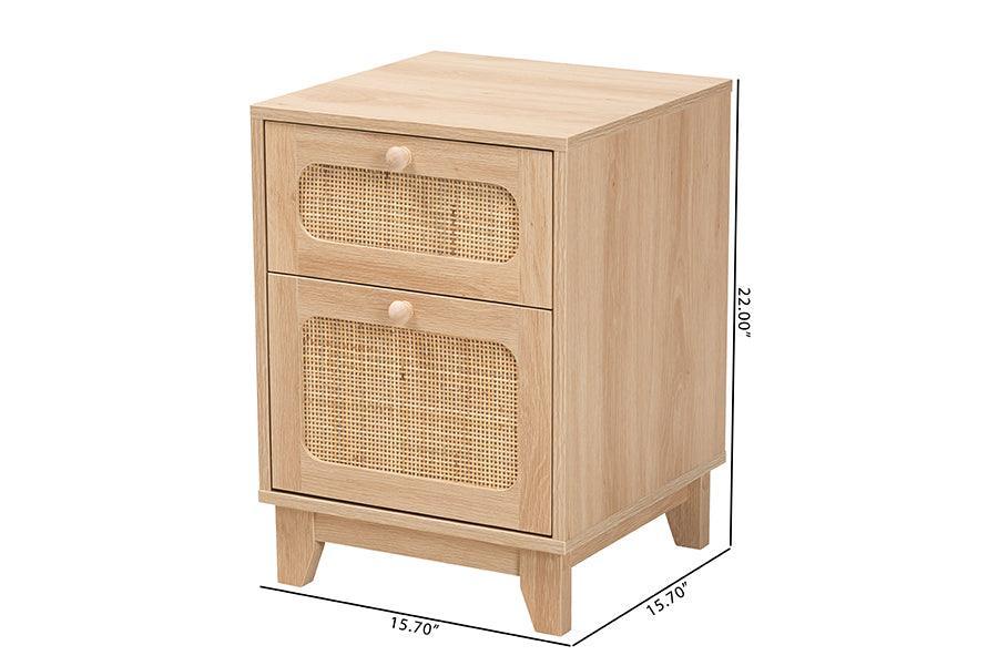 Elsbeth Mid-Century Modern Light Brown Finished Wood and Natural Rattan 1-Drawer End Table FredCo