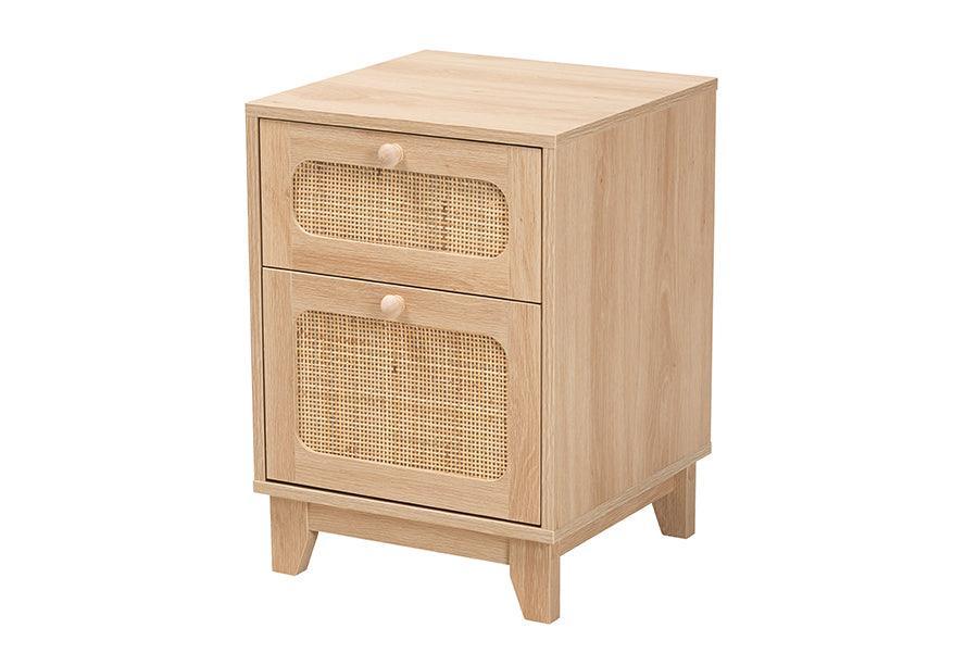 Elsbeth Mid-Century Modern Light Brown Finished Wood and Natural Rattan 1-Drawer End Table FredCo