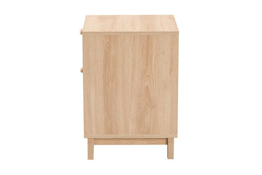 Elsbeth Mid-Century Modern Light Brown Finished Wood and Natural Rattan 1-Drawer End Table FredCo