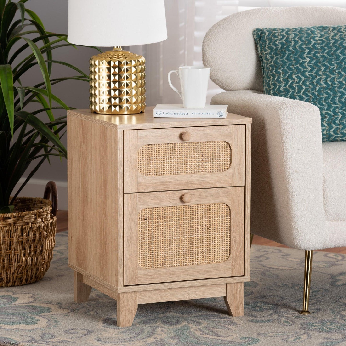 Elsbeth Mid-Century Modern Light Brown Finished Wood and Natural Rattan 1-Drawer End Table FredCo