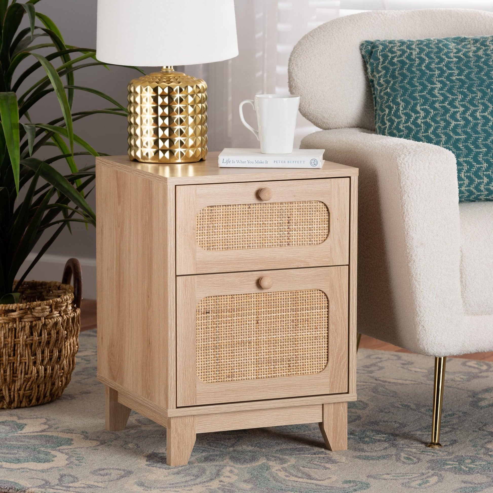 Elsbeth Mid-Century Modern Light Brown Finished Wood and Natural Rattan 1-Drawer End Table FredCo
