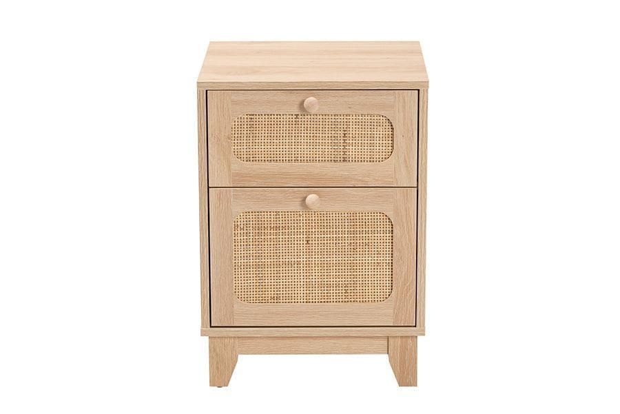 Elsbeth Mid-Century Modern Light Brown Finished Wood and Natural Rattan 1-Drawer End Table FredCo