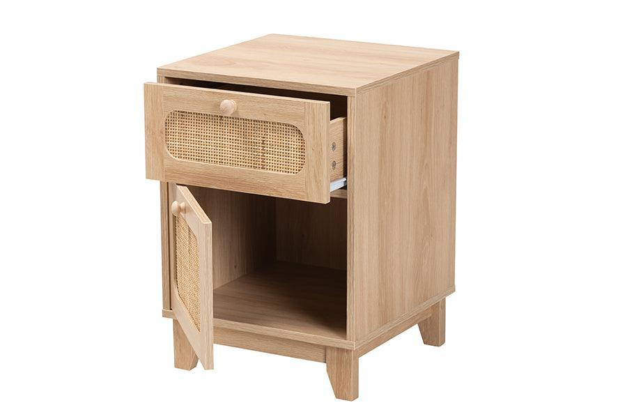 Elsbeth Mid-Century Modern Light Brown Finished Wood and Natural Rattan 1-Drawer End Table FredCo