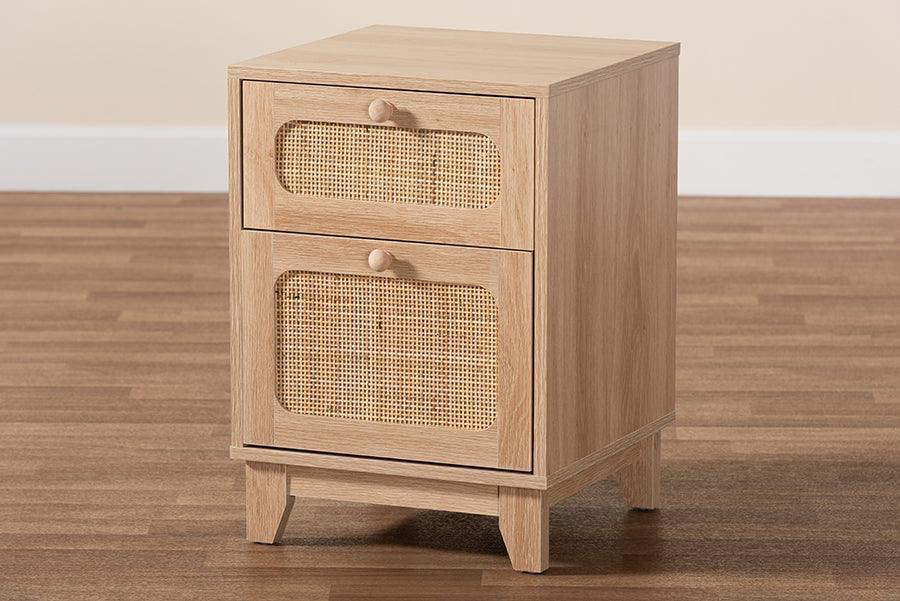 Elsbeth Mid-Century Modern Light Brown Finished Wood and Natural Rattan 1-Drawer End Table FredCo