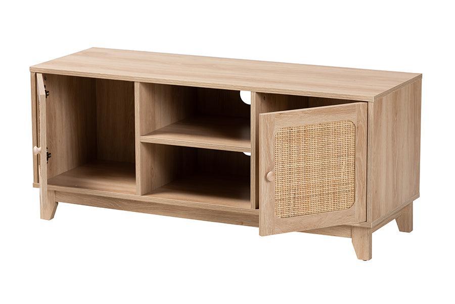 Elsbeth Mid-Century Modern Light Brown Finished Wood and Natural Rattan 2-Door TV Stand FredCo