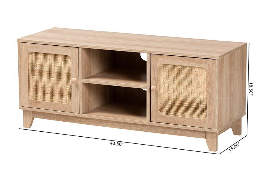 Elsbeth Mid-Century Modern Light Brown Finished Wood and Natural Rattan 2-Door TV Stand FredCo