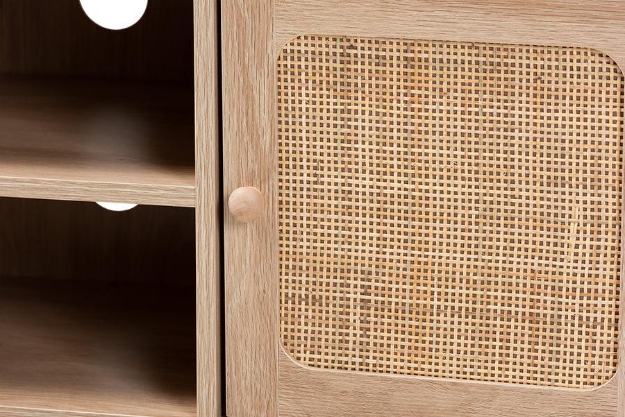 Elsbeth Mid-Century Modern Light Brown Finished Wood and Natural Rattan 2-Door TV Stand FredCo