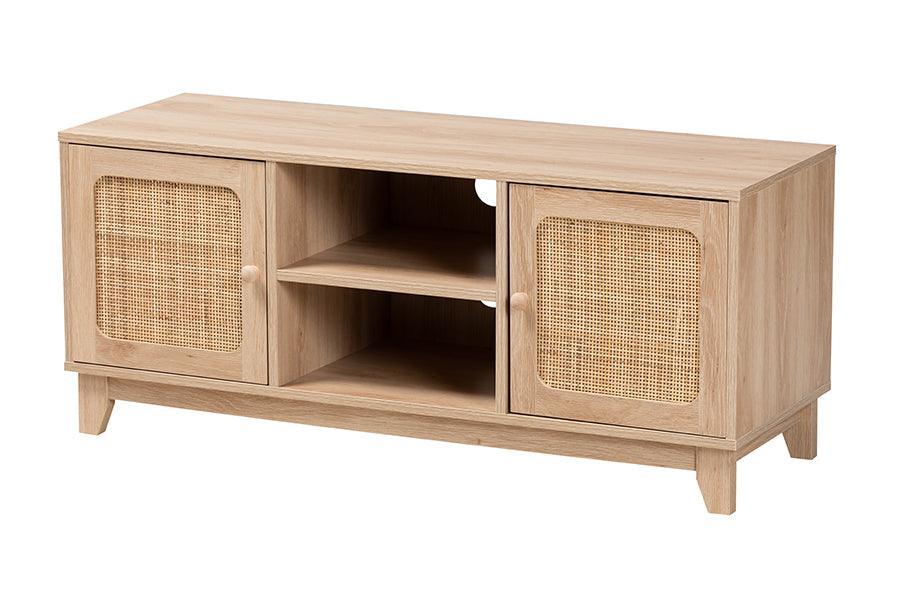 Elsbeth Mid-Century Modern Light Brown Finished Wood and Natural Rattan 2-Door TV Stand FredCo