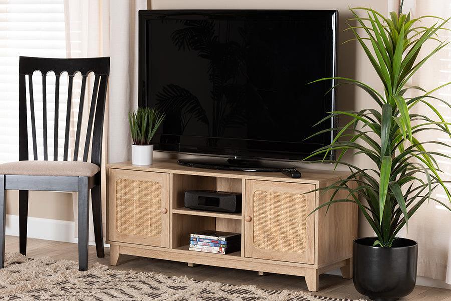 Elsbeth Mid-Century Modern Light Brown Finished Wood and Natural Rattan 2-Door TV Stand FredCo