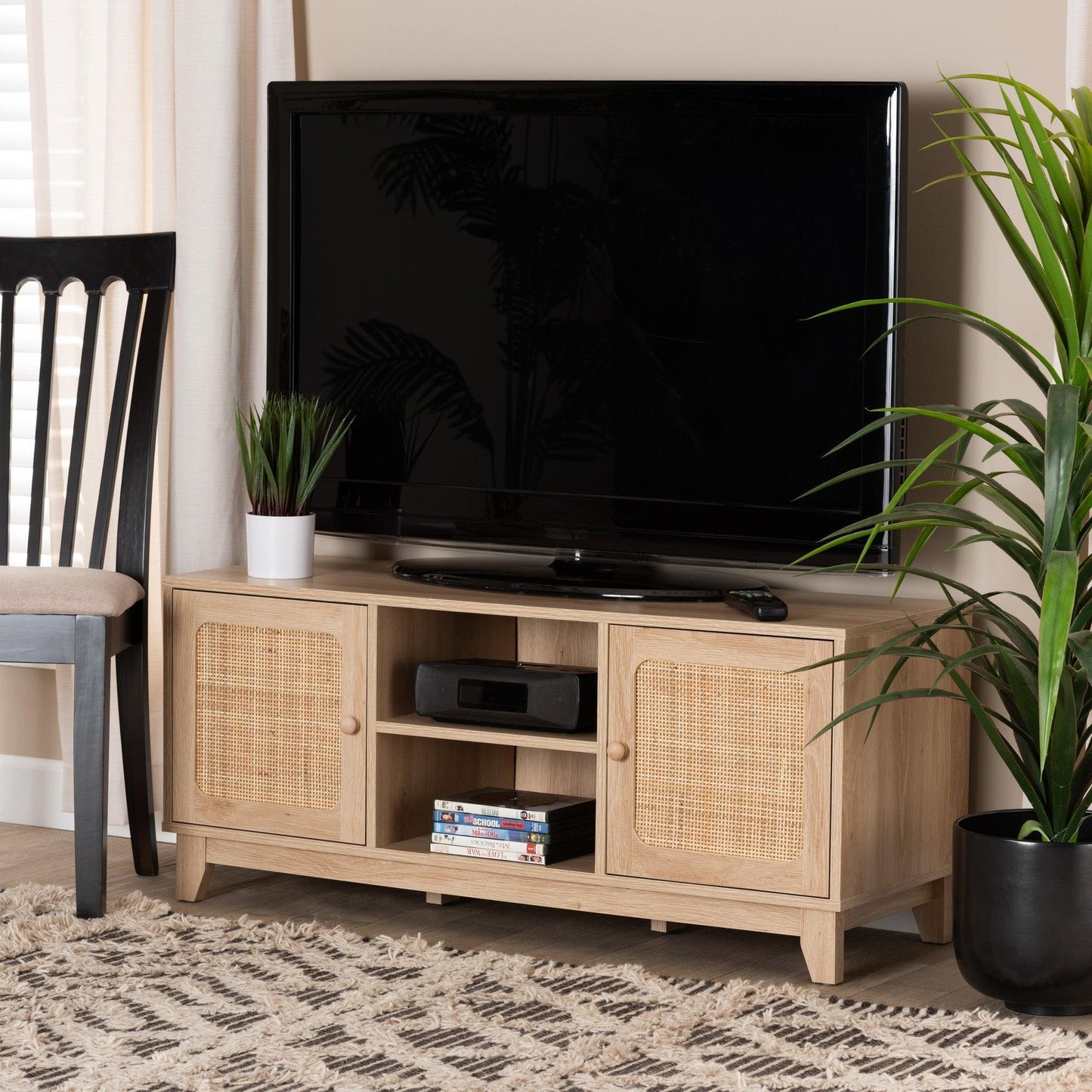 Elsbeth Mid-Century Modern Light Brown Finished Wood and Natural Rattan 2-Door TV Stand FredCo