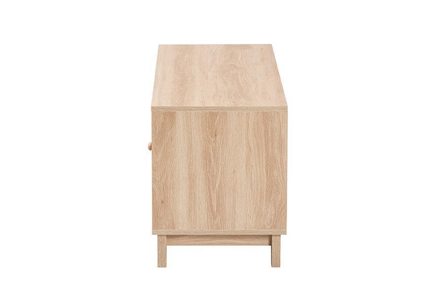 Elsbeth Mid-Century Modern Light Brown Finished Wood and Natural Rattan 2-Door TV Stand FredCo
