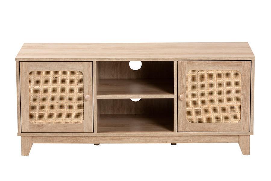Elsbeth Mid-Century Modern Light Brown Finished Wood and Natural Rattan 2-Door TV Stand FredCo