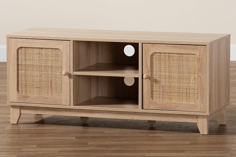 Elsbeth Mid-Century Modern Light Brown Finished Wood and Natural Rattan 2-Door TV Stand FredCo