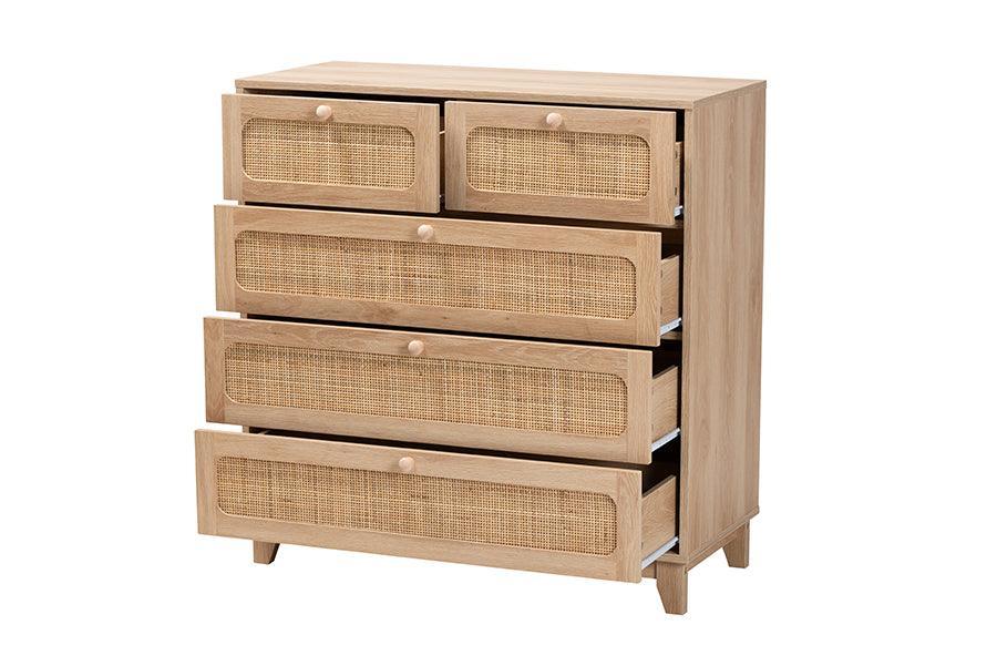 Elsbeth Mid-Century Modern Oak Brown Finished Wood and Natural Rattan 5-Drawer Storage Cabinet FredCo