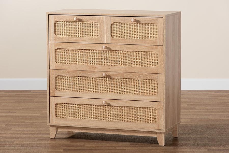 Elsbeth Mid-Century Modern Oak Brown Finished Wood and Natural Rattan 5-Drawer Storage Cabinet FredCo