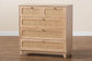 Elsbeth Mid-Century Modern Oak Brown Finished Wood and Natural Rattan 5-Drawer Storage Cabinet FredCo
