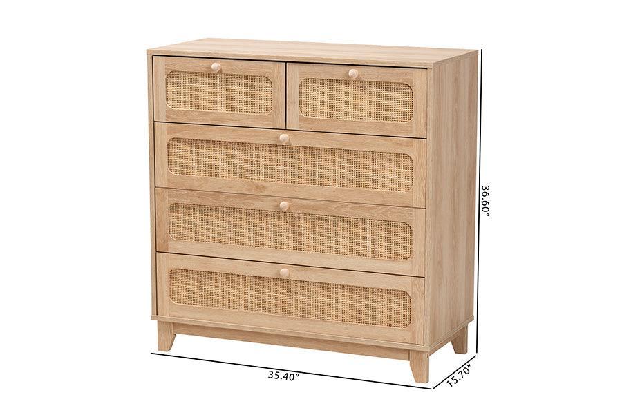 Elsbeth Mid-Century Modern Oak Brown Finished Wood and Natural Rattan 5-Drawer Storage Cabinet FredCo