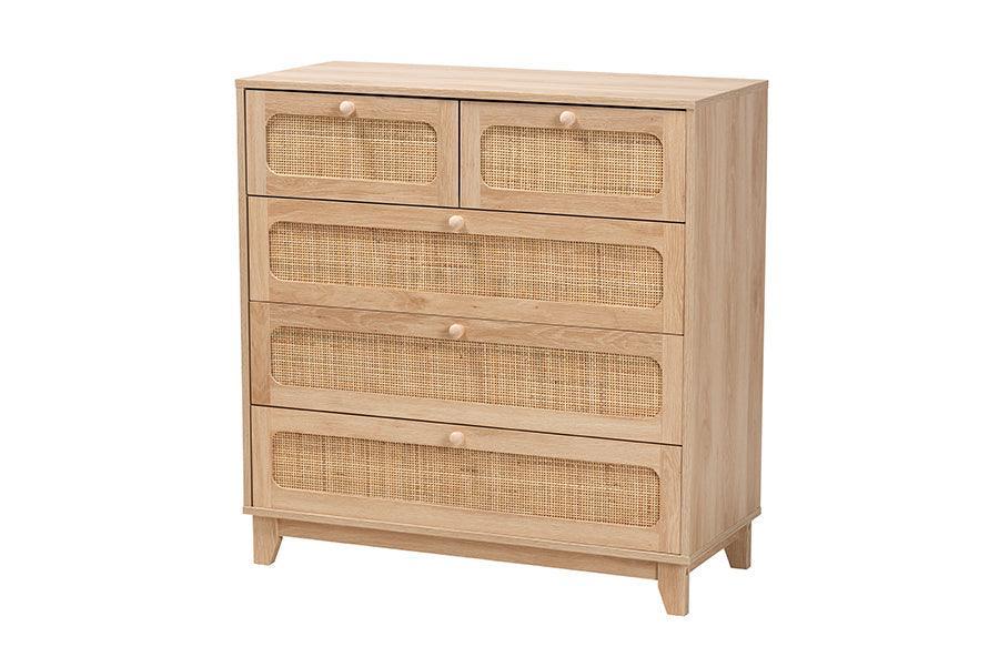 Elsbeth Mid-Century Modern Oak Brown Finished Wood and Natural Rattan 5-Drawer Storage Cabinet FredCo