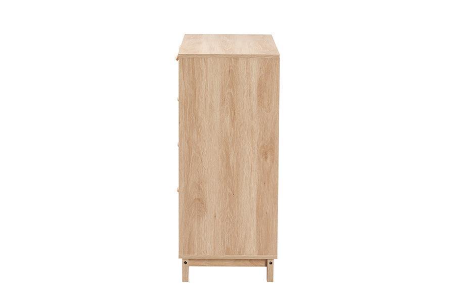 Elsbeth Mid-Century Modern Oak Brown Finished Wood and Natural Rattan 5-Drawer Storage Cabinet FredCo