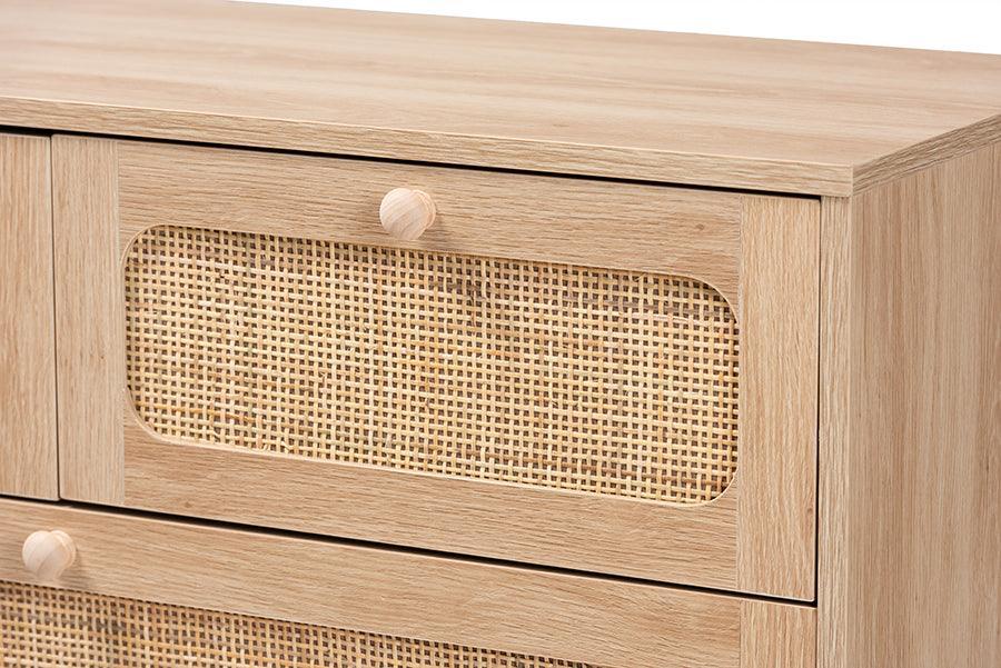 Elsbeth Mid-Century Modern Oak Brown Finished Wood and Natural Rattan 5-Drawer Storage Cabinet FredCo