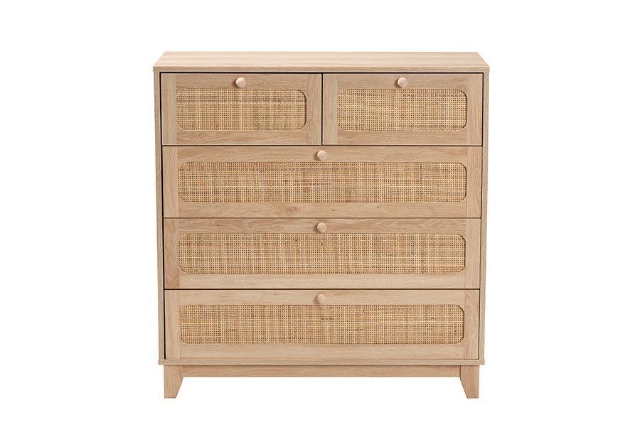Elsbeth Mid-Century Modern Oak Brown Finished Wood and Natural Rattan 5-Drawer Storage Cabinet FredCo