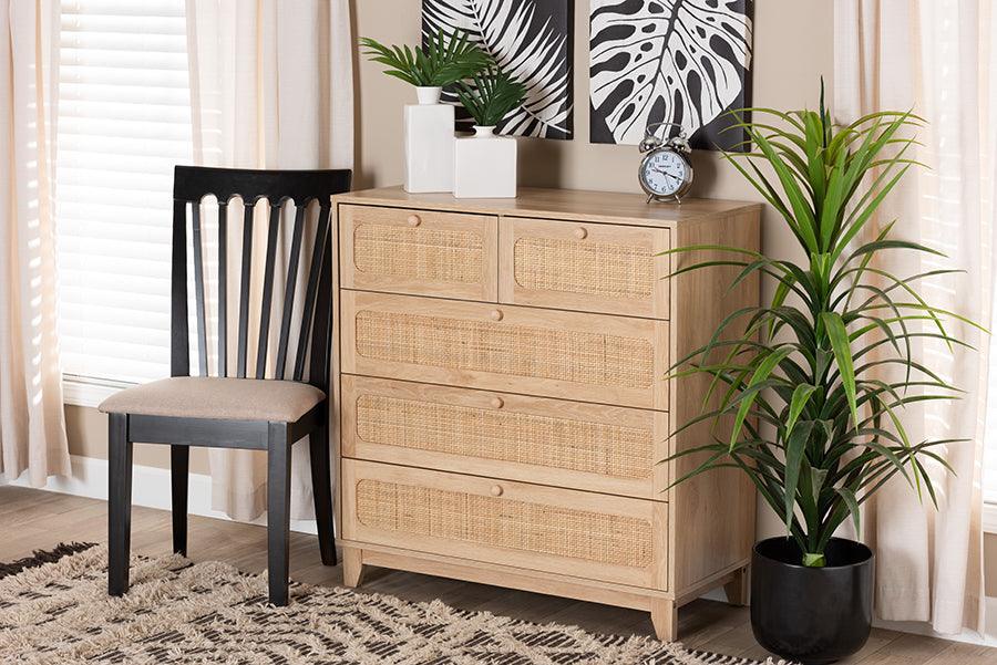 Elsbeth Mid-Century Modern Oak Brown Finished Wood and Natural Rattan 5-Drawer Storage Cabinet FredCo