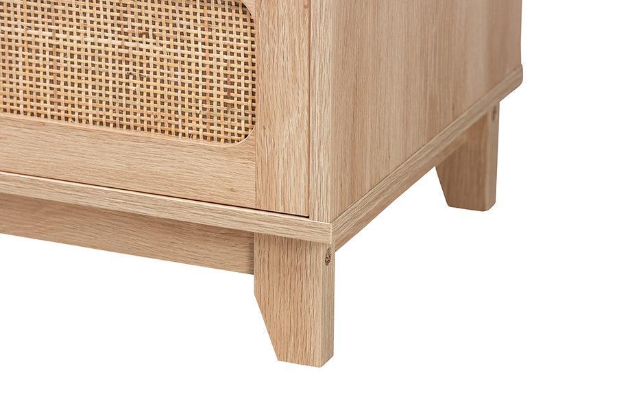 Elsbeth Mid-Century Modern Oak Brown Finished Wood and Natural Rattan 5-Drawer Storage Cabinet FredCo