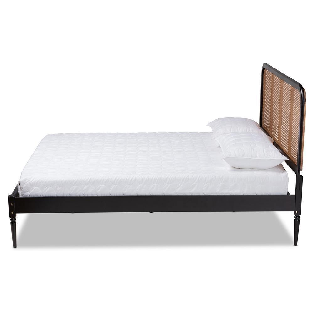 Elston Mid-Century Modern Charcoal Finished Wood and Synthetic Rattan Queen Size Platform Bed FredCo