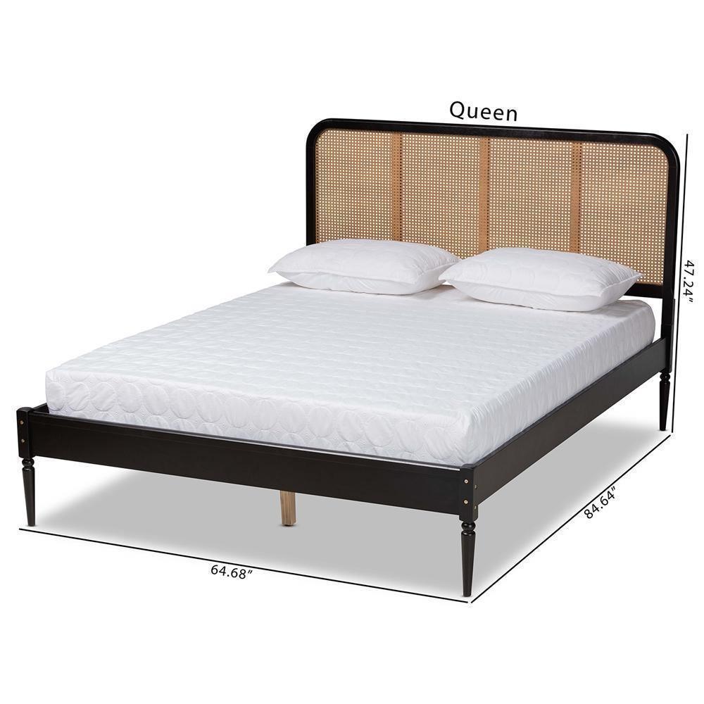 Elston Mid-Century Modern Charcoal Finished Wood and Synthetic Rattan Queen Size Platform Bed FredCo