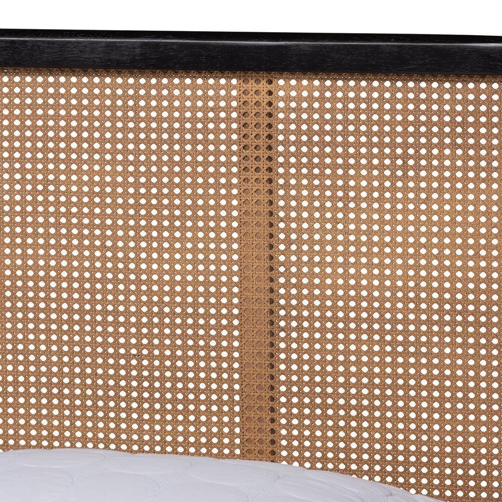 Elston Mid-Century Modern Charcoal Finished Wood and Synthetic Rattan Queen Size Platform Bed FredCo