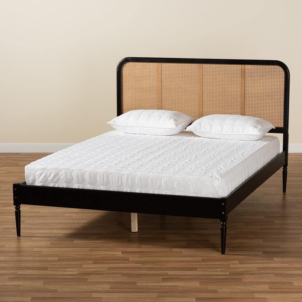 Elston Mid-Century Modern Charcoal Finished Wood and Synthetic Rattan Queen Size Platform Bed FredCo