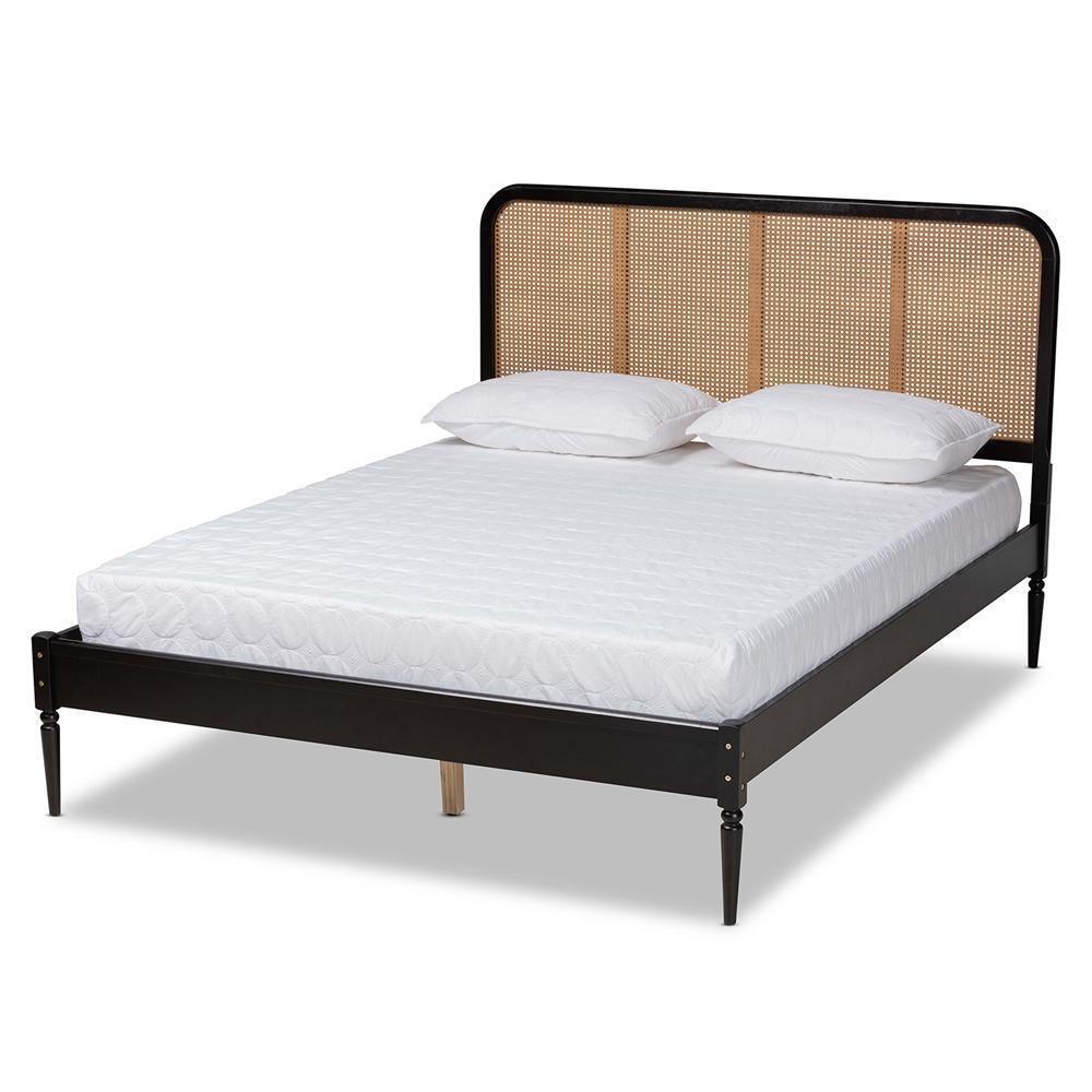 Elston Mid-Century Modern Charcoal Finished Wood and Synthetic Rattan Queen Size Platform Bed FredCo