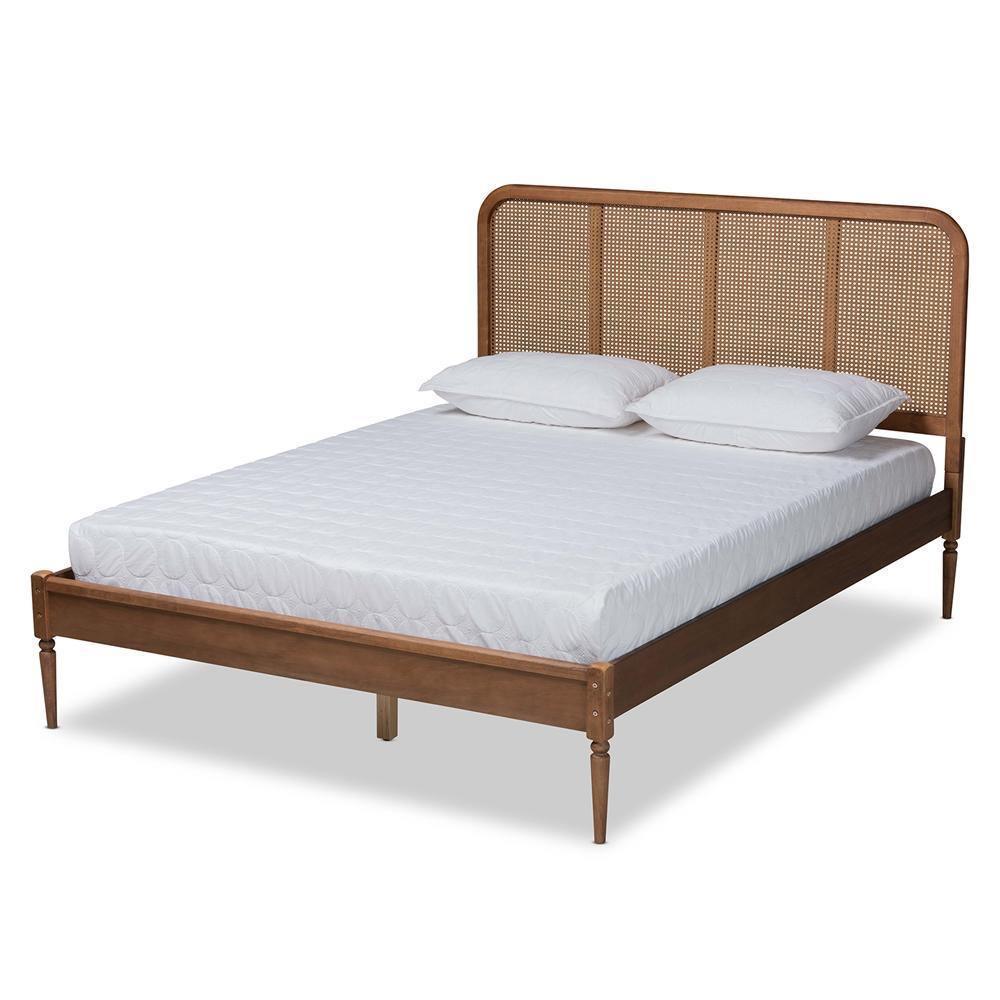 Elston Mid-Century Modern Walnut Brown Finished Wood and Synthetic Rattan King Size Platform Bed FredCo
