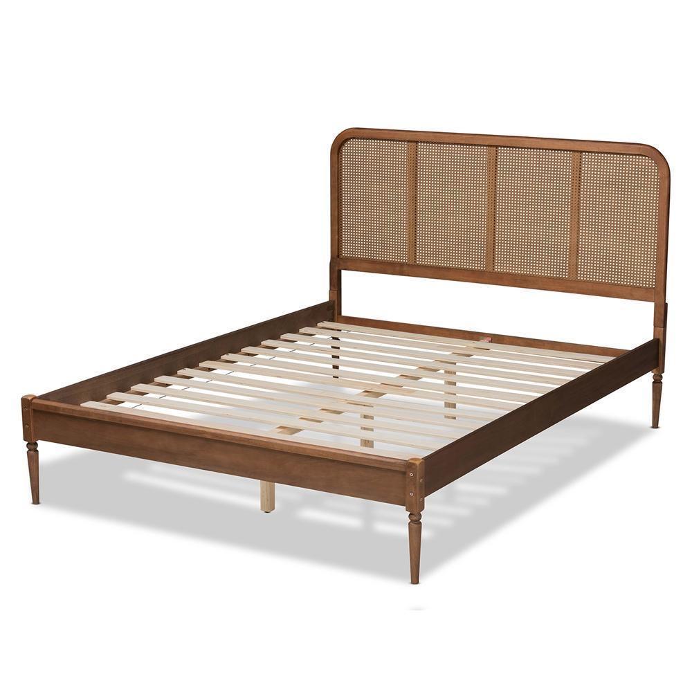 Elston Mid-Century Modern Walnut Brown Finished Wood and Synthetic Rattan King Size Platform Bed FredCo
