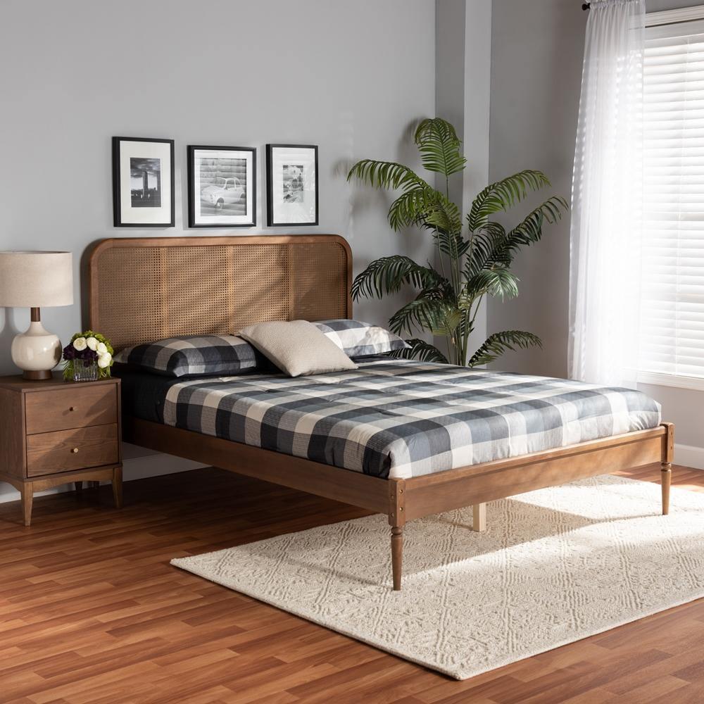 Elston Mid-Century Modern Walnut Brown Finished Wood and Synthetic Rattan King Size Platform Bed FredCo
