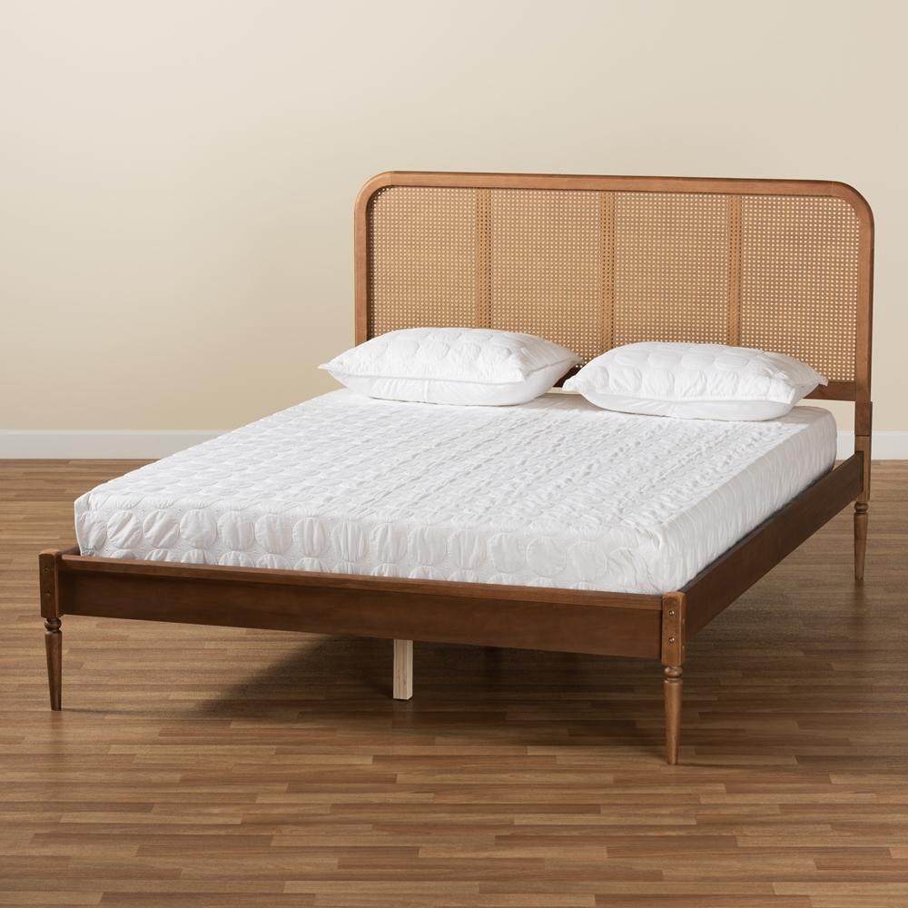 Elston Mid-Century Modern Walnut Brown Finished Wood and Synthetic Rattan King Size Platform Bed FredCo