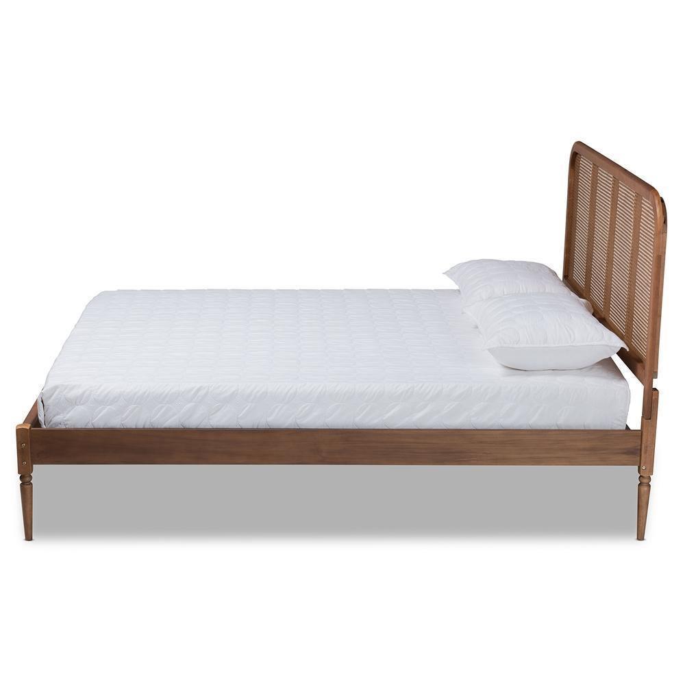 Elston Mid-Century Modern Walnut Brown Finished Wood and Synthetic Rattan Queen Size Platform Bed FredCo