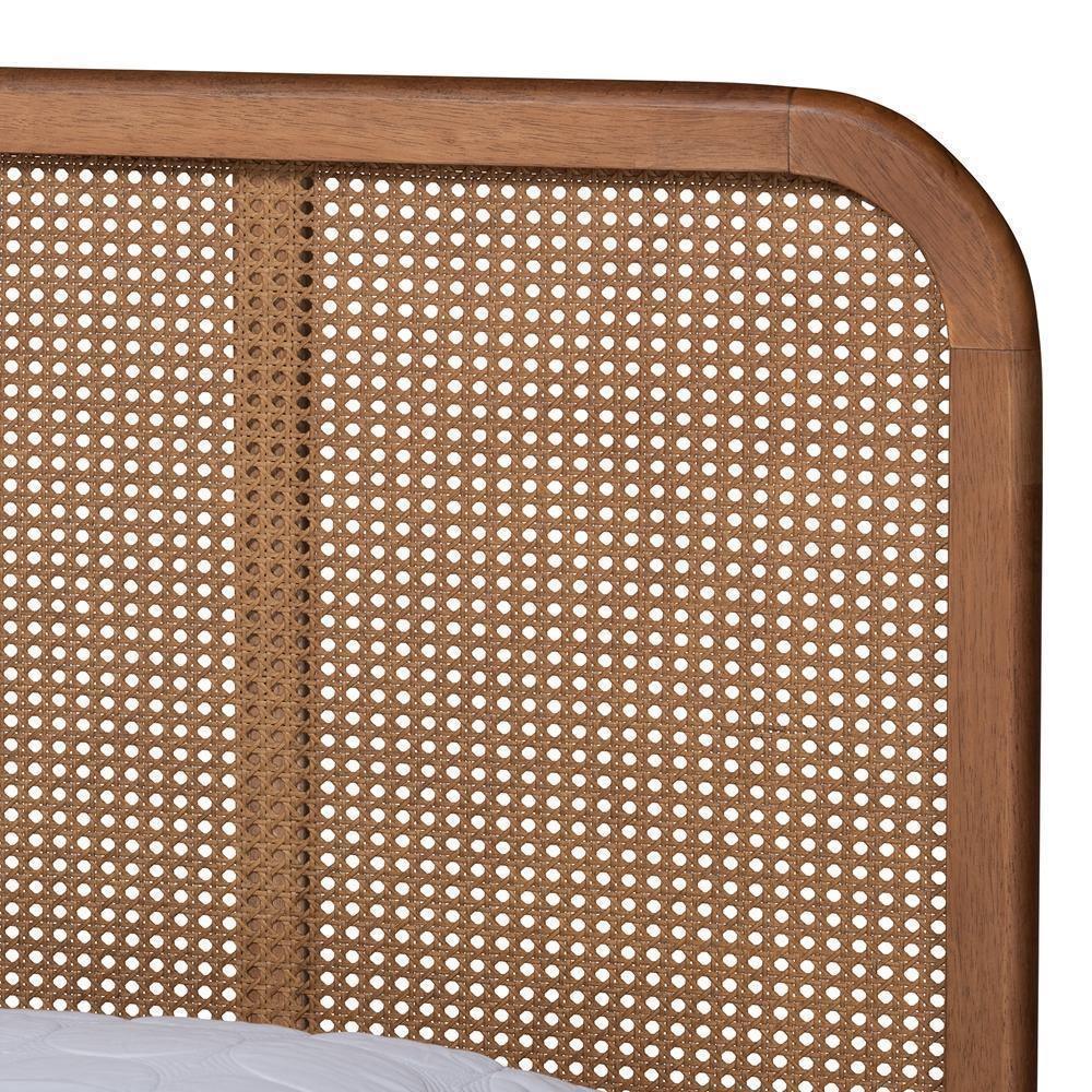 Elston Mid-Century Modern Walnut Brown Finished Wood and Synthetic Rattan Queen Size Platform Bed FredCo