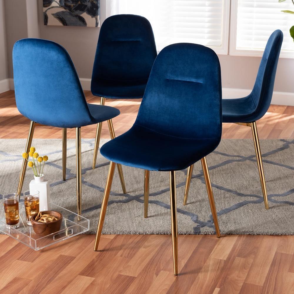 Elyse Glam and Luxe Navy Blue Velvet Fabric Upholstered Gold Finished 4-Piece Metal Dining Chair Set FredCo