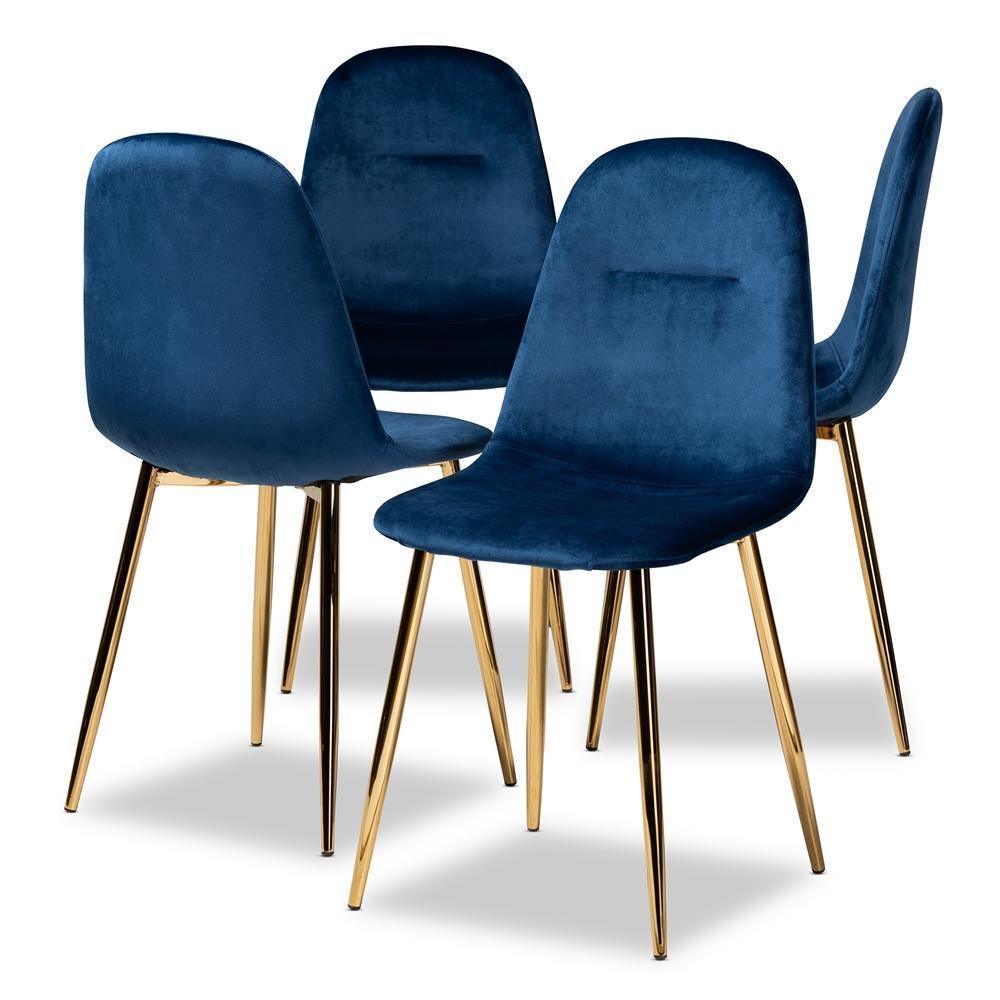 Elyse Glam and Luxe Navy Blue Velvet Fabric Upholstered Gold Finished 4-Piece Metal Dining Chair Set FredCo