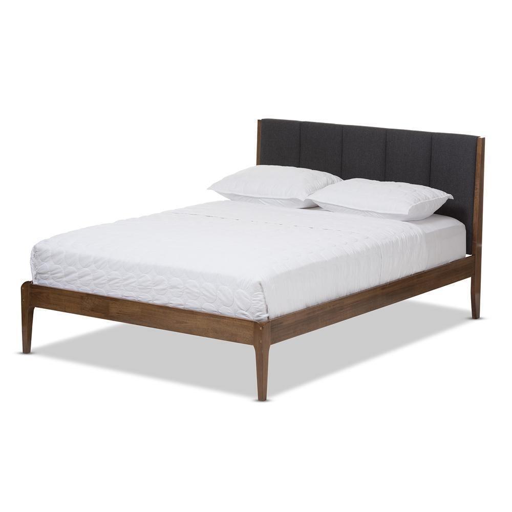 Ember Mid-Century Dark Grey Fabric and Medium Brown Finish Wood Full Size Platform Bed FredCo