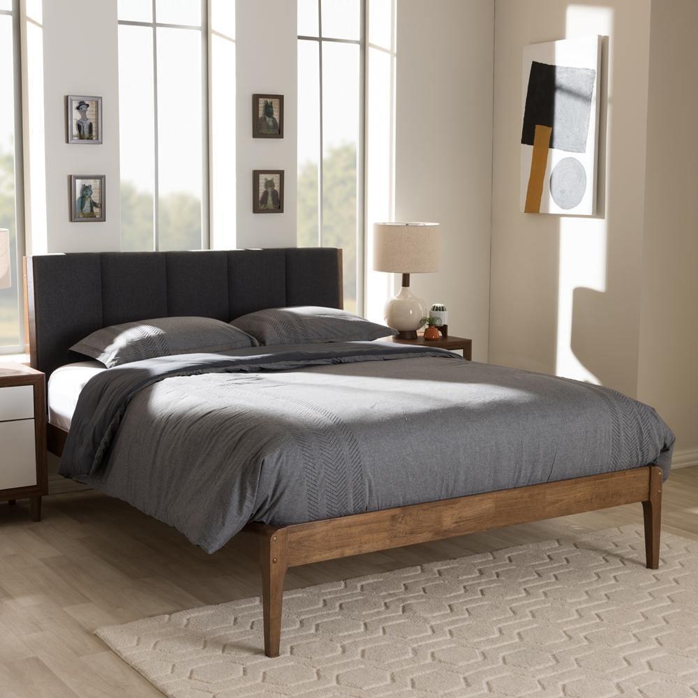 Ember Mid-Century Dark Grey Fabric and Medium Brown Finish Wood Full Size Platform Bed FredCo