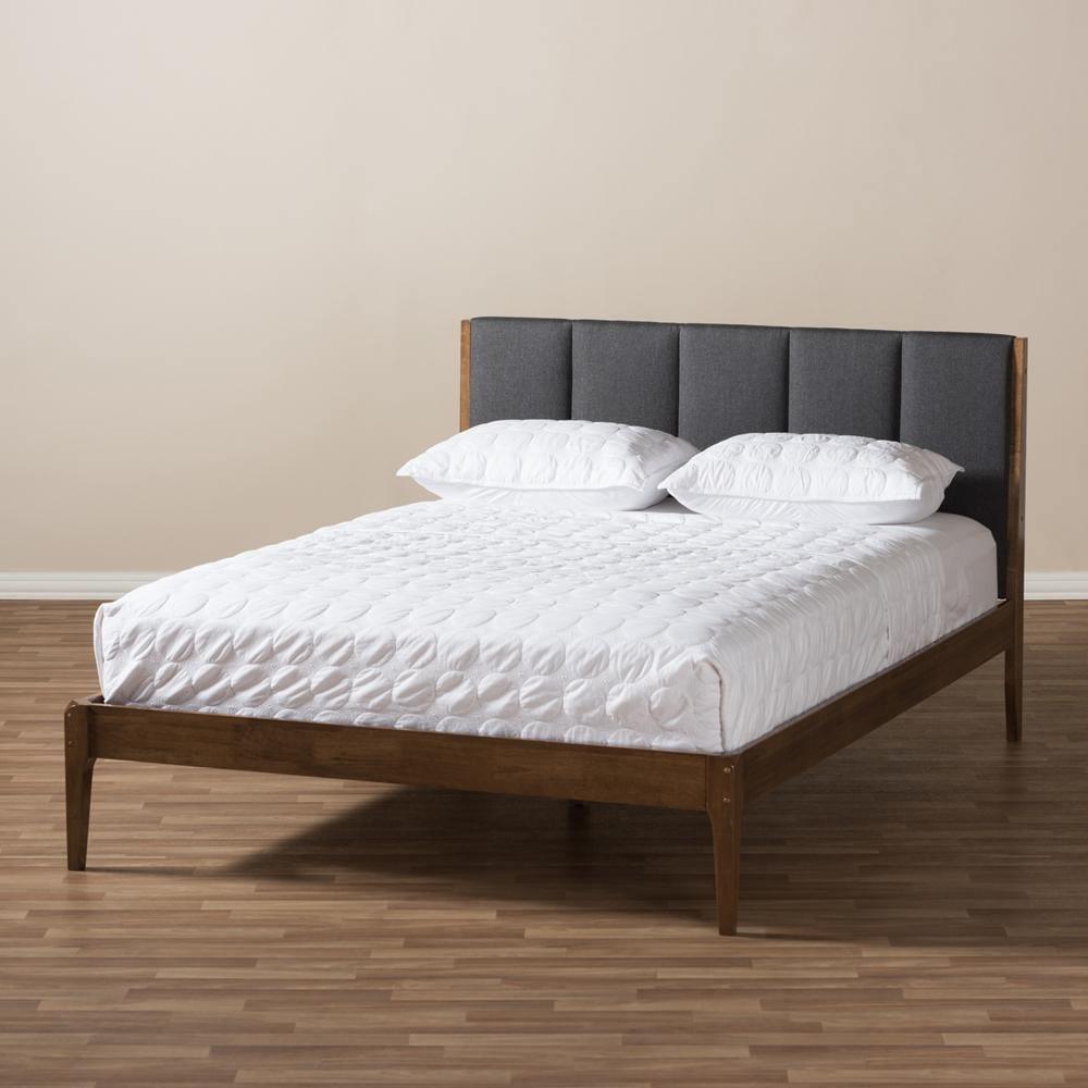 Ember Mid-Century Dark Grey Fabric and Medium Brown Finish Wood Full Size Platform Bed FredCo
