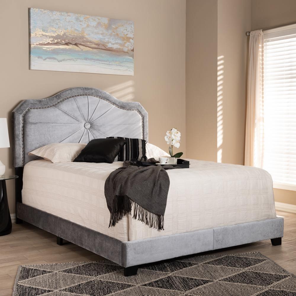 Embla Modern and Contemporary Grey Velvet Fabric Upholstered King Size Bed FredCo